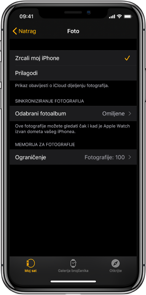 Postavke aplikacije Foto u aplikaciji Apple Watch na iPhoneu, s postavkom Sinkronizaija fotografija u sredini zaslona i postavkom Ograničenje fotografija dolje ispod.