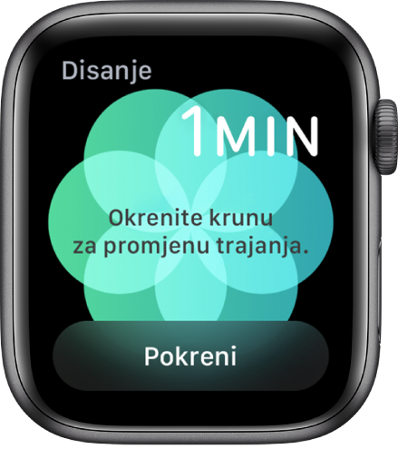 Zaslon aplikacije Disanje prikazuje trajanje od jedne minute u gornjem desnom kutu i tipku Pokreni pri dnu zaslona.