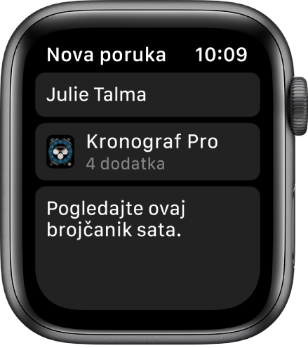 Zaslon Apple Watcha s prikazom brojčanika sata koji dijeli poruku s primateljevim imenom pri vrhu, nazivom brojčanika sata ispod, a ispod toga se nalazi poruka “Pogledaj ovaj brojčanik sata”.