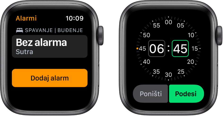 Dva zaslona sata koji pokazuju postupak dodavanja alarma: Dodirnite Dodaj alarm, dodirnite AM (ujutro) ili PM (poslijepodne), okrenite Digital Crown za podešavanje vremena pa dodirnite Podesi.