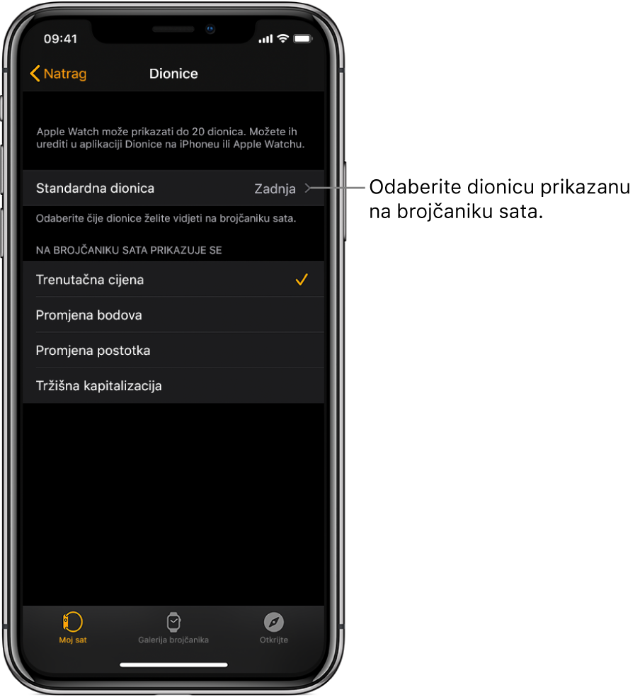 Zaslon s postavkama aplikacije Dionice u aplikaciji Apple Watch na iPhoneu s prikazom opcija za odabir vaše Standardne dionice, koja je postavljena na Posljednje gledano.