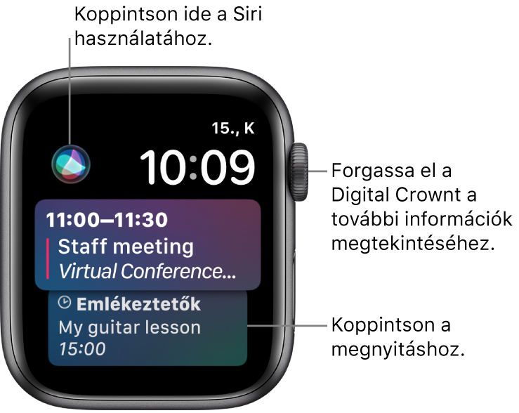 A Siri óraszámlap emlékeztetővel és naptáreseménnyel. A képernyő bal felső részén egy Siri gomb található. A képernyő jobb felső részén jelenik meg a dátum és az idő.