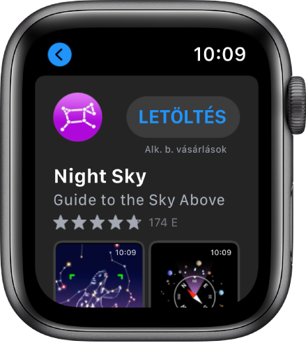 Az App Store alkalmazást megjelenítő Apple Watch. A kijelző tetején keresőmező látható, alatta alkalmazásgyűjtemény.