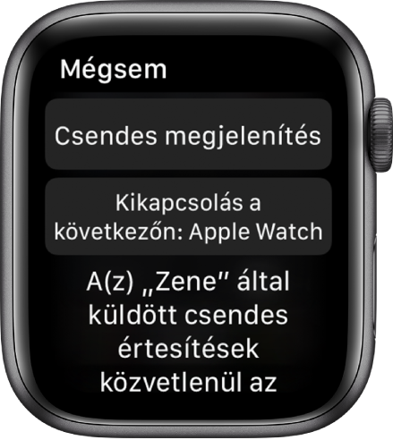 Értesítési beállítások az Apple Watchon. Fent látható a „Kiemelt kézbesítés” gomb, alul pedig a „Kikapcsolás az Apple Watchon” gomb.
