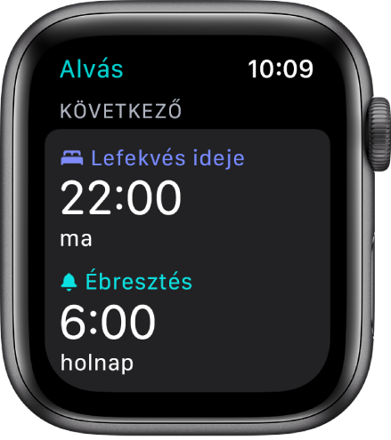 Az Apple Watch Alvás alkalmazása megjeleníti az eseti alvási ütemezést. A lefekvés ideje 22:00-re van állítva, az ébresztés pedig 6:00-ra.