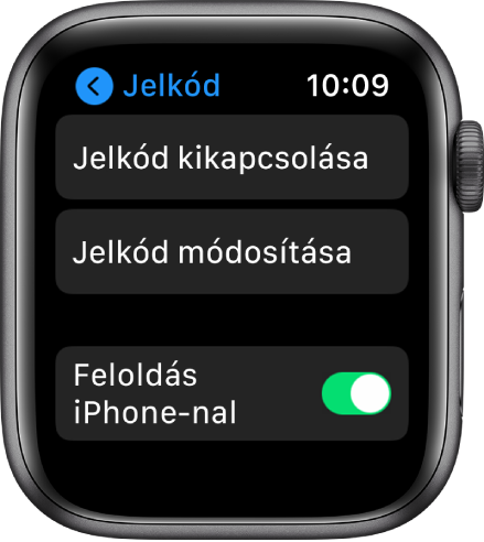 Jelkódbeállítások az Apple Watchon; a felső részen látható a Jelkód kikapcsolása gomb, alatta a Jelkód módosítása gomb, legalul pedig a Feloldás iPhone-nal kapcsoló.