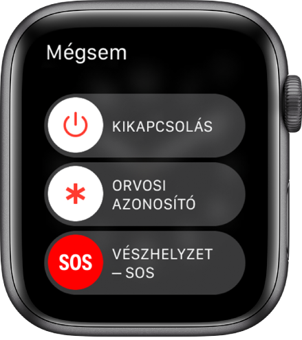 Az Apple Watch képernyője, három csúszkával: Kikapcsolás, Orvosi azonosító és Segélyhívás SOS. Az Apple Watch kikapcsolásához húzza el a Kikapcsolás csúszkát.