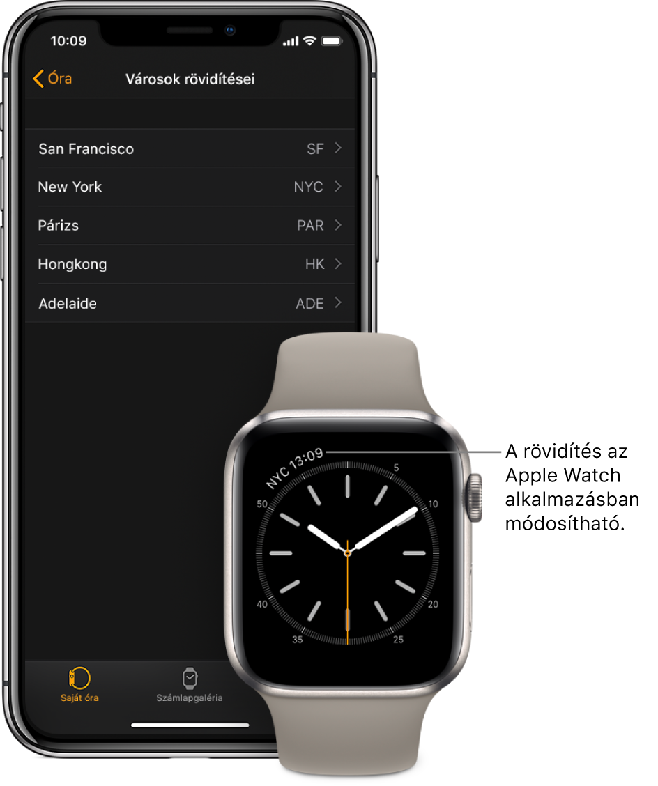 iPhone és az Apple Watch egymás mellett. Az Apple Watch képernyője, amelyen a New York-i pontos idő látható (New Yorkot a NYC rövidítés jelöli). Az iPhone képernyőjén a városok listája látható a Városok rövidítése alatt, amely az Apple Watch alkalmazás Óra beállításaiban érhető el.