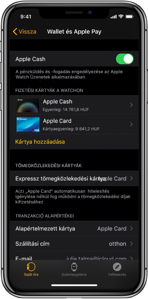 A Wallet és az Apple Pay képernyője az iPhone Apple Watch alkalmazásában. A képernyőn láthatók az Apple Watchhoz adott kártyák, az expressz tömegközlekedéshez kiválasztott kártya és a tranzakció alapértelmezett beállításai.