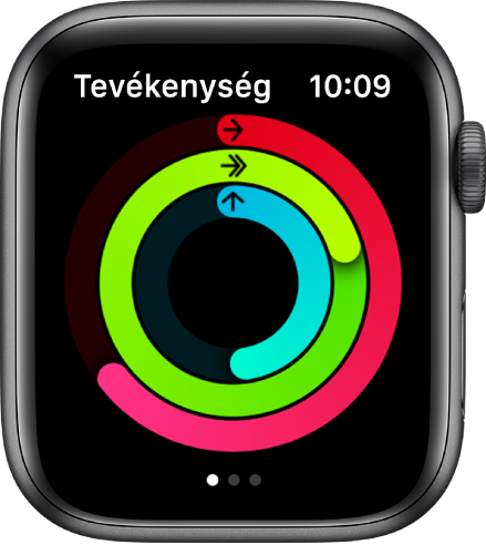 A Tevékenység képernyő a három gyűrűvel – Mozgás, Gyakorlat és Állás.