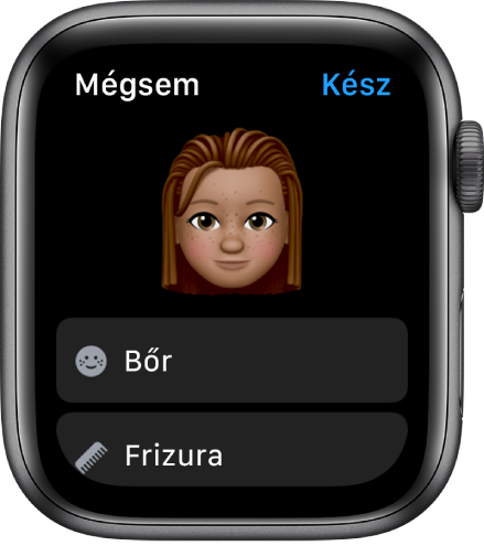 Az Apple Watchon lévő Memoji alkalmazás, amelynek tetején egy arc látható, alatta pedig a Bőr és a Frizura opció.