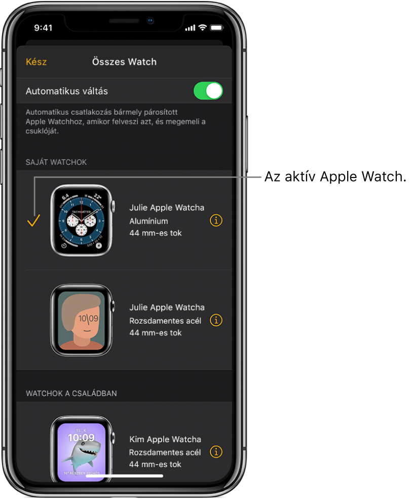Az Apple Watch alkalmazás Összes Watch képernyőjén egy pipa jelzi az aktív Apple Watchot.