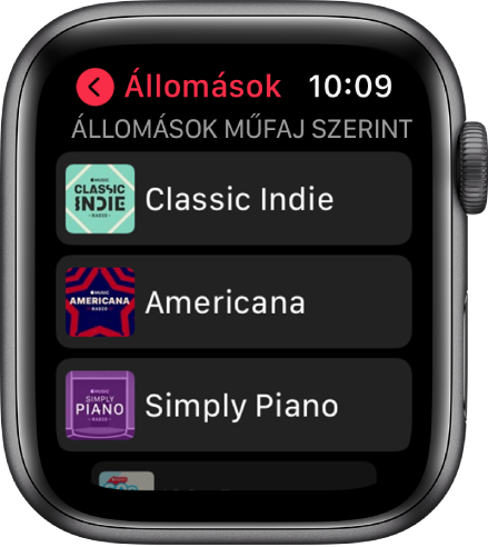 A Rádió képernyője, amelyen három Apple Music műfajalapú rádióállomás látható.