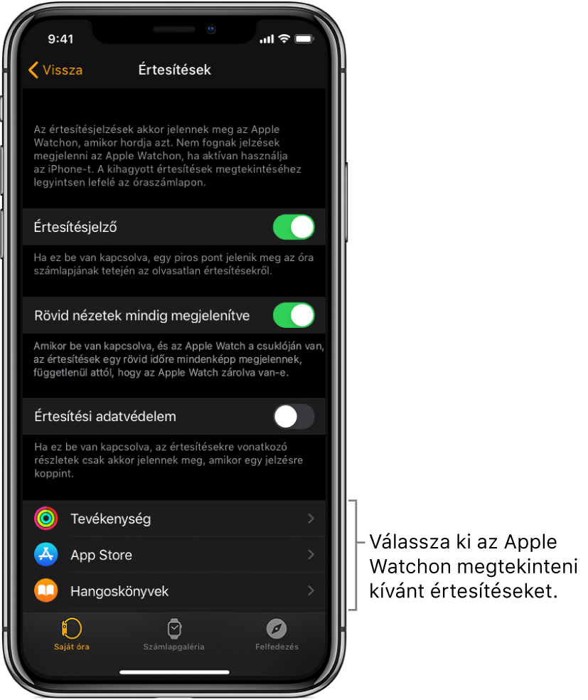Az Értesítések képernyő az iPhone-on lévő Apple Watch alkalmazásban az értesítések forrásaival.