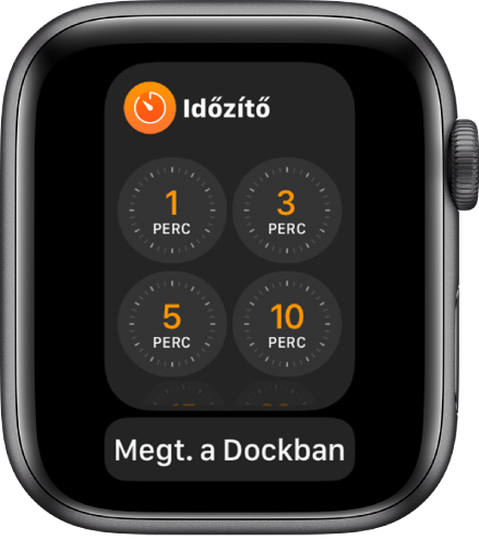 Az Időzítő alkalmazás képernyője a Dockban, alul a Meg. a Dockban gombbal.
