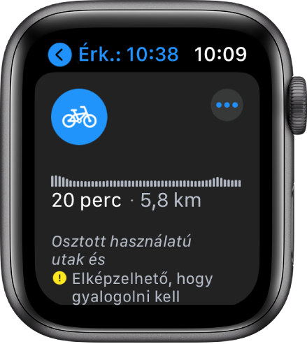 Az Apple Watch képernyője, amelyen biciklis útvonalak láthatók, többek között egy áttekintéssel, amely a magasságban bekövetkező változásokat mutatja az útvonalon, a becsült idővel és távolsággal, továbbá az útvonalon esetlegesen előforduló akadályokra figyelmeztető megjegyzésekkel.