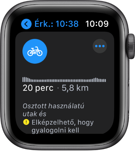 A Térképek képernyője a biciklis útvonalak áttekintő nézetével, amely tartalmazza a magasságban bekövetkező változásokat, a becsült utazási időt és a távolságot.