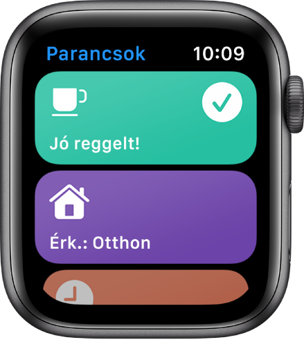 A Parancsok alkalmazás az Apple Watchon a következő két paranccsal: Jó reggelt és Becsült hazaérkezési idő.