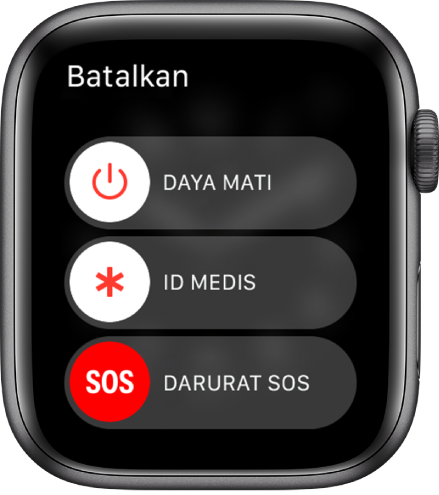 Layar Apple Watch menampilkan tiga penggeser: Daya Mati, ID Medis, dan Darurat SOS.