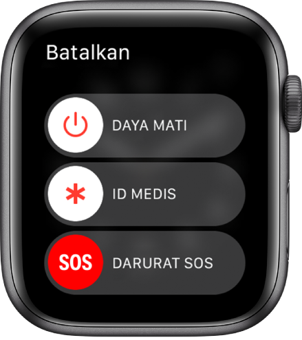 Layar Apple Watch menampilkan tiga penggeser: Daya Mati, ID Medis, dan Darurat SOS. Seret penggeser Daya Mati untuk mematikan Apple Watch.