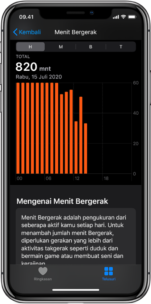 iPhone menampilkan laporan Menit Bergerak. Tab Ringkasan dan Telusuri berada di bagian bawah dengan tab Telusuri yang dipilih.