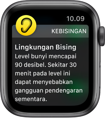 Apple Watch menampilkan pemberitahuan Kebisingan. Ikon untuk app yang terkait dengan pemberitahuan akan muncul di kiri atas. Anda dapat mengetuknya untuk membuka app.