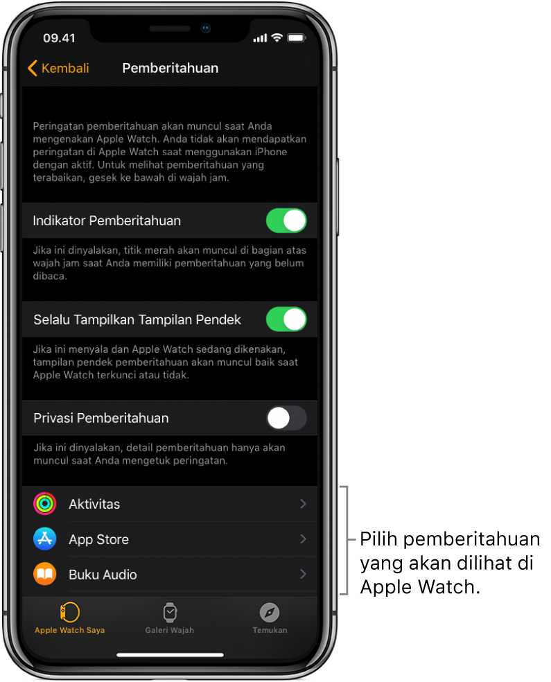 Layar Pemberitahuan di app Apple Watch pada iPhone, yang menampilkan sumber pemberitahuan.