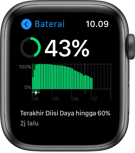 Di layar Baterai, Anda melihat sisa daya baterai, grafik penggunaan baterai dalam kurun waktu tertentu, dan kapan baterai terisi dayanya hingga 60 persen.