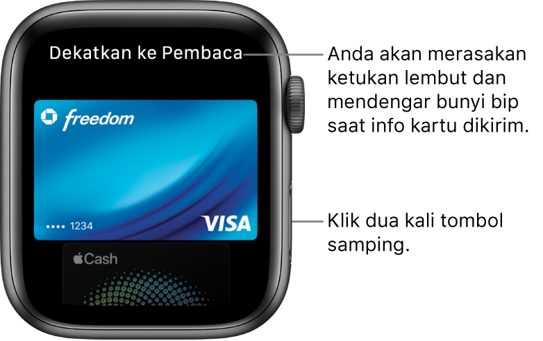Layar Apple Pay dengan “Dekatkan ke Pembaca” di bagian atas; Anda akan merasakan ketukan lembut dan mendengar bunyi bip saat info kartu Anda dikirim.