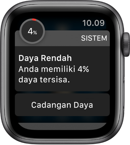 Peringatan daya lemah meliputi tombol yang dapat Anda ketuk untuk masuk ke mode Cadangan Daya.