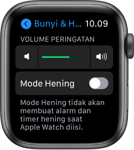 Pengaturan Bunyi & Haptik di Apple Watch, dengan penggeser Volume Peringatan di bagian atas, dan tombol Mode Hening di bawahnya.