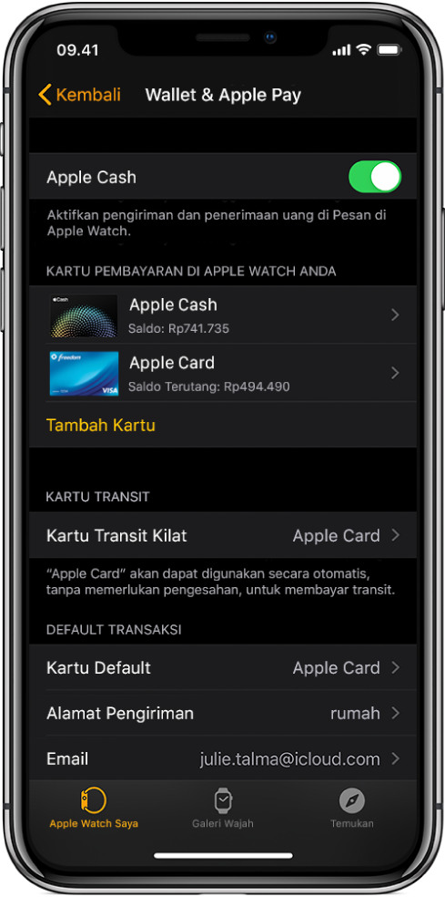Layar Wallet & Apple Pay di app Apple Watch di iPhone. Layar menampilkan kartu yang ditambahkan ke Apple Watch, kartu yang telah Anda pilih untuk transit kilat, dan pengaturan default transaksi.
