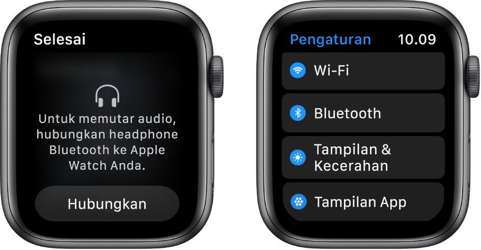 Dua layar berdampingan. Di sebelah kiri terdapat layar yang meminta Anda untuk menghubungkan headphone Bluetooth ke Apple Watch. Tombol Hubungkan Perangkat terdapat di bagian bawah. Di sebelah kanan terdapat layar Pengaturan, menampilkan tombol Wi-Fi. Bluetooth, Kecerahan & Ukuran Teks, dan tombol Tampilan App dalam daftar.