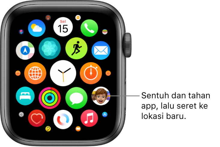 Layar Utama Apple Watch dalam tampilan grid.