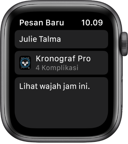 Layar Apple Watch menampilkan pesan berbagi wajah jam dengan nama penerima di bagian atas, nama wajah jam di bawah, dan di bawahnya, pesan yang berbunyi “Lihat wajah jam ini”.