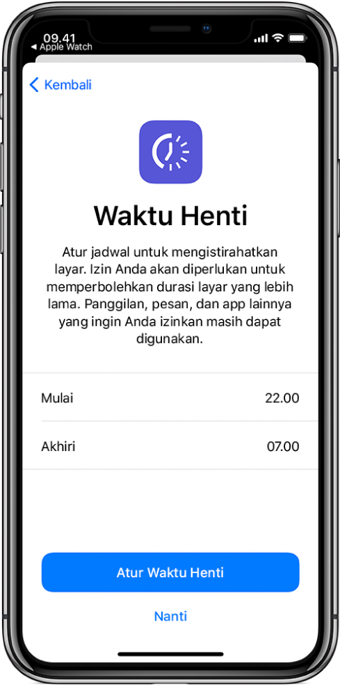 iPhone menampilkan layar pengaturan Waktu Henti. Pilih waktu mulai dan selesai di bagian pusat layar. Tombol Atur Waktu Henti dan Nanti berada di bagian bawah layar.