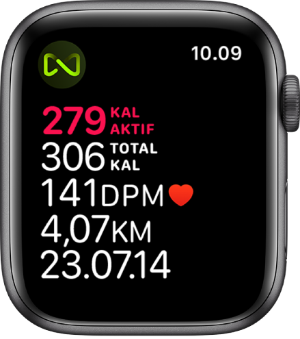 Layar Olahraga yang memerinci olahraga treadmill. Simbol di pojok kiri atas menunjukkan bahwa Apple Watch terhubung ke treadmill secara nirkabel.