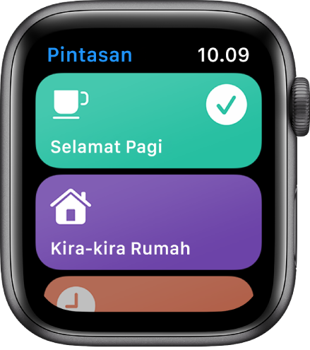 Layar Pintasan mengampilkan dua pintasan—Selamat Pagi dan ETA di Rumah.