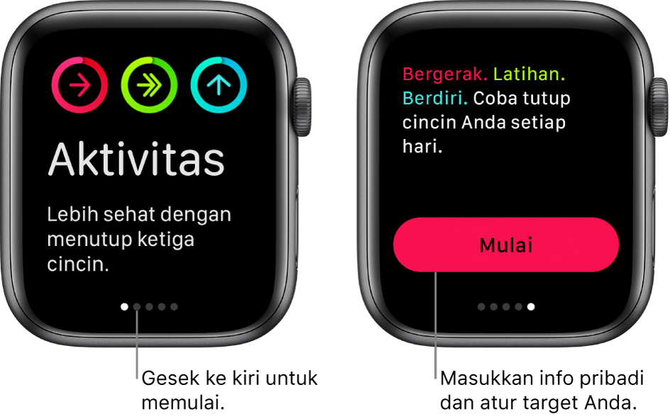 Dua layar: Satu layar menampilkan layar app Aktivitas yang terbuka, layar lainnya menampilkan tombol Memulai.