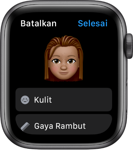 App Memoji di Apple Watch menampilkan wajah di dekat bagian atas serta pilihan Kulit dan Gaya Rambut di bawah.