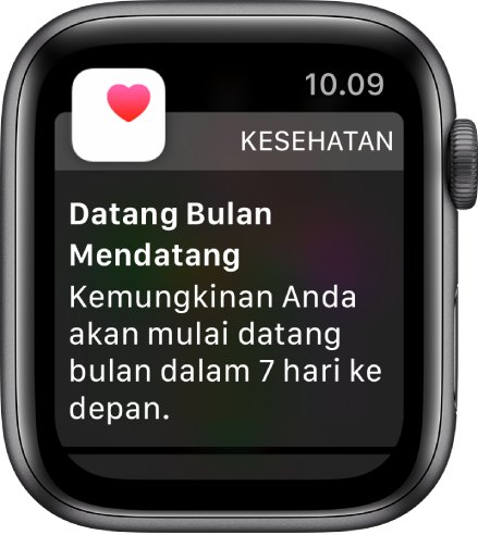 Apple Watch menampilkan layar prediksi siklus yang berbunyi “Datang Bulan Berikutnya. Kemungkinan Anda akan mulai datang bulan dalam 7 hari ke depan.” Tombol Buka Pelacakan Siklus muncul di bagian bawah.