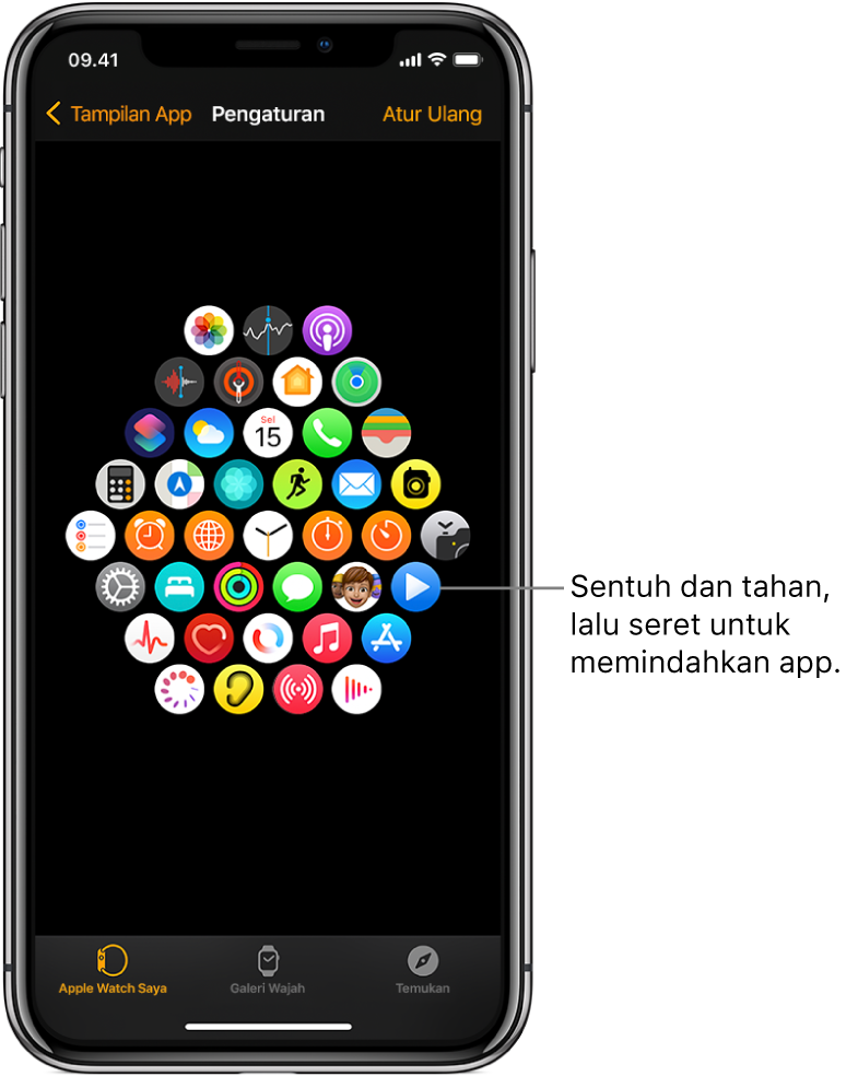 Layar Susunan pada app Apple Watch menampilkan grid ikon.