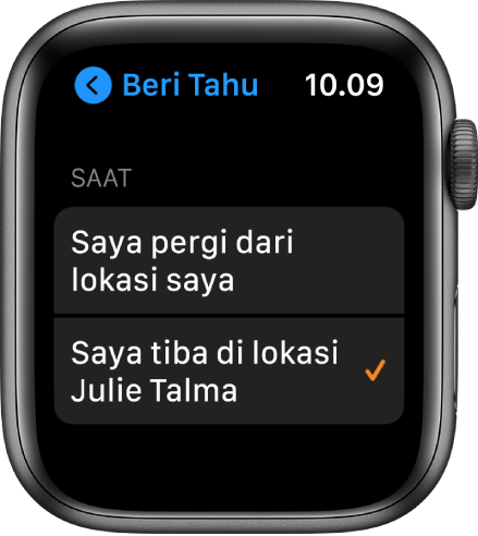 Layar Beri Tahu di app Cari Orang. “Saat saya tiba di lokasi Julie Talma” dipilih.