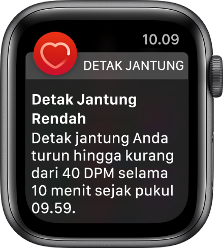 Layar Peringatan Detak Jantung menunjukkan bahwa detak jantung rendah telah terdeteksi.