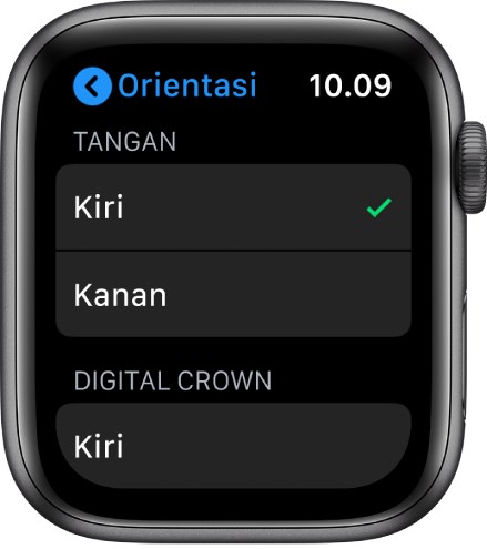 Layar Orientasi pada Apple Watch. Anda dapat mengatur preferensi pergelangan tangan dan Digital Crown Anda.