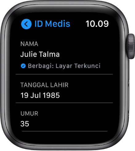 Layar ID Medis menampilkan nama dan umur pengguna.