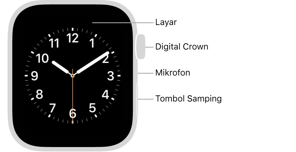 Bagian depan Apple Watch Series 6, dengan layar yang menampilkan wajah jam, dan Digital Crown, mikrofon, dan tombol samping dari bagian atas ke bawah di bagian samping jam.