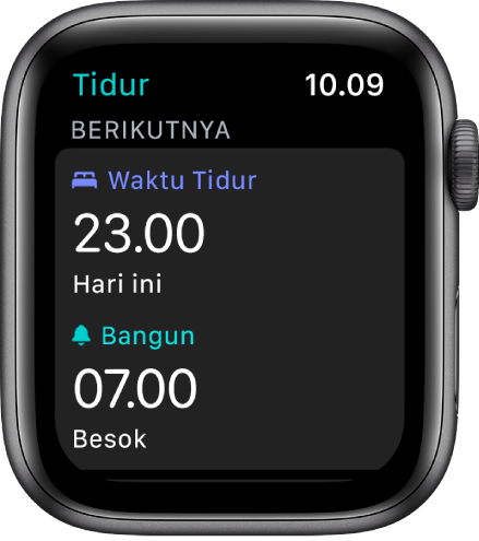 Layar Tidur menampilkan jadwal tidur malam. Waktu Tidur, di dekat bagian atas, diatur untuk pukul 23.00. Di bawahnya terdapat waktu bangun pada pukul 07.00.