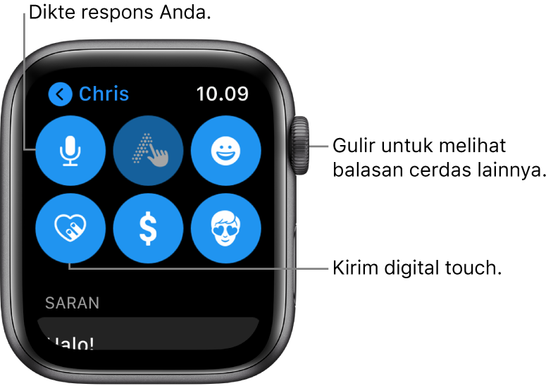 Layar balasan menampilkan tombol Dikte, Coretan, Emoji, Digital Touch, Apple Pay, dan Memoji. Balasan cerdas berada di bagian bawah. Putar Digital Crown untuk melihat balasan cerdas lainnya.