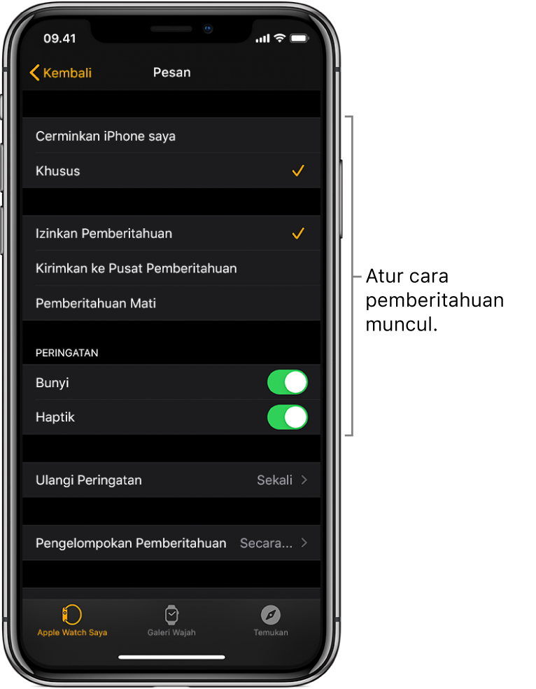 Pengaturan Pesan di app Apple Watch pada iPhone. Anda dapat memilih untuk menampilkan peringatan, menyalakan bunyi, menyalakan haptik, dan mengulangi peringatan.
